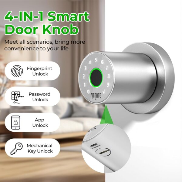 FITNATE 4 en 1 Smart Fingerprint Door Lock - Desbloqueo por huella dactilar, desbloqueo por contraseña, control por aplicación, llave de emergencia, apto para oficina, hogar y hotel, plateado - Image 2