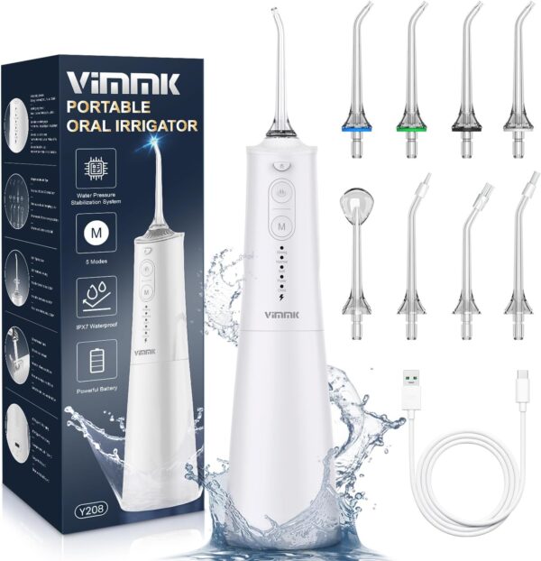 Irrigador Bucal Portatil, Vimmk Irrigador Dental Inalámbrico Profesional 8 Boquillas 5 Modos, IPX7 Impermeable 300ML USB-C Recargable Para Limpieza Dientes, Para el Hogar y los Viajes (Blanco)