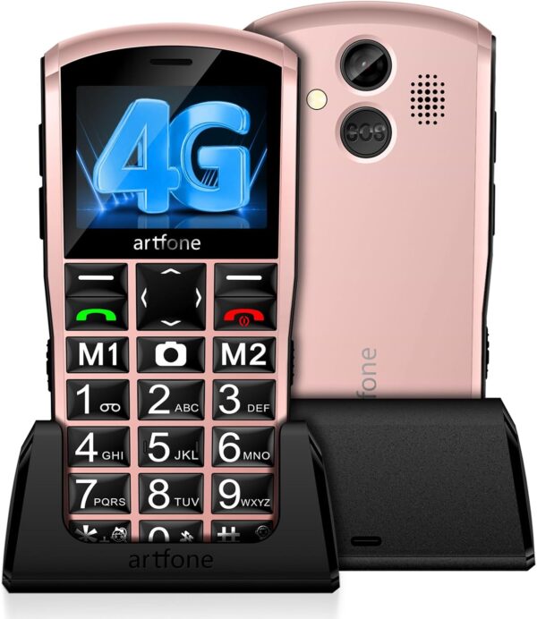 artfone A400 Teléfono Móvil para Personas Mayores con Botón SOS y Base Cargadora, Teclas Grandes Volumen Alto Bateria 1800mAh Pantalla Grande de 2,4 Pulgadas Fácil de Usar Celular para Ancianos - rosa
