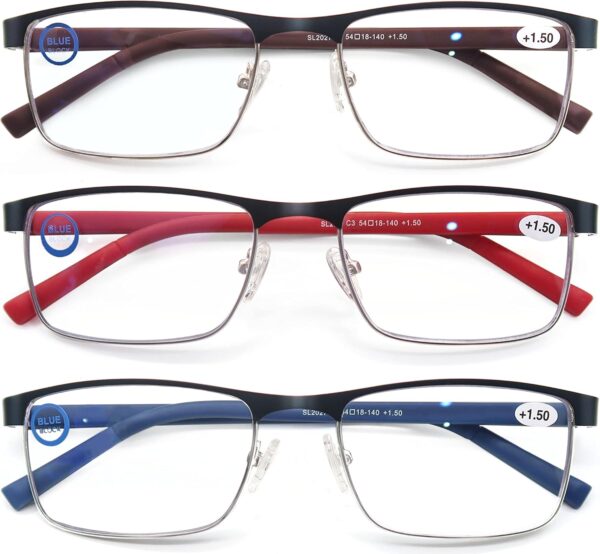 MODFANS Un Pack de 3 Gafas de Lectura Hombres Mujeres Anti Luz Azul,Rectangular Metal Acero Inoxidable - Lente Clara,Vision Clara - Ligeras Comodas,Colores Marron Azul Rojo - Image 3