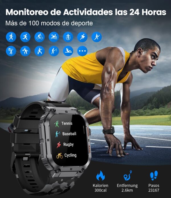 ESFOE Reloj Inteligente Hombre(3 Correas), 1.96'' 400mAh Smartwatch Hombre con Llamada Bluetooth,IP68 Impermeable,Cuerpo Metálico de Acero Inoxidable,100+Deportes Militar Smart Watch para Android iOS - Image 7