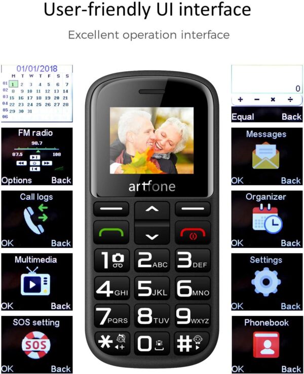 artfone CS182 Teléfono Móvil para Personas Mayores Teclas Grandespara Mayores, 2G gsm con SOS Botón, 1.77 Pulgadas, con una Base de Carga, Fácil de Usar para Ancianos, Cámara, Negro - Image 3