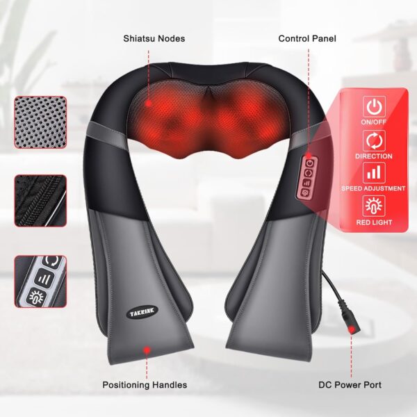 TAKRINK Masajeador Shiatsu 16 Cabezales de Masaje Integrados Masajeador de Hombros Cuello 3 Niveles de Velocidad Dirección Ajustable Relajación con Calor en Oficina Casa - Image 2