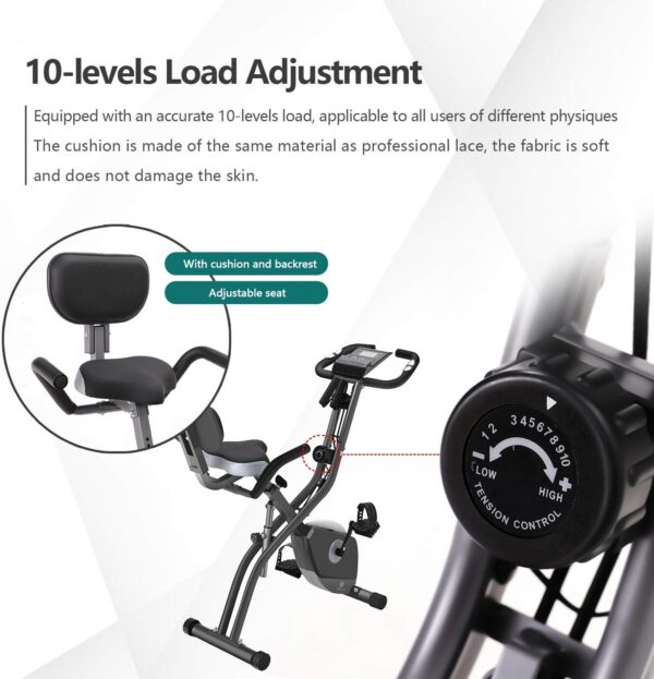 Bicicleta estática de 10 niveles de resistencia magnética ajustable, plegable y silenciosa, con banda de resistencia de brazos, pantalla LCD, utilizada para bicicleta de entrenamiento aeróbico en casa, capacidad de peso estacionaria de 250 libras - Image 2