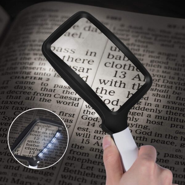 Kaome Lupa Rectangular con Lupa de luz, Grande, Plegable, de Mano, 5 LED, 2 Modos de atenuación, 2 Modos de Lectura para Personas Mayores, Libros de Baja visión, periódicos y mapas de joyería - Image 4