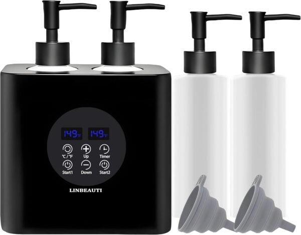 Calentador de aceite de masaje LINBEAUTI de doble botella con cuatro dispensadores de botellas de aceite,calentamiento continuo de 0 a 65 °C,dispensador de botellas de loción, para salones de belleza
