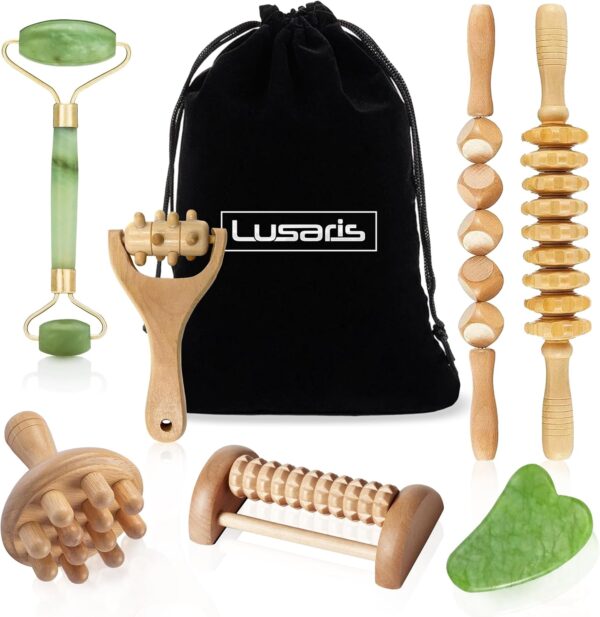 LUSARIS - Kit Maderoterapia Corporal Completo 7 Piezas - Masajeadores Faciales y de Pies Incluidos - Kit Masajes Relajantes - Maderoterapia Abdomen - Maderoterapia Corporal Celulitis - Kit Relajacion