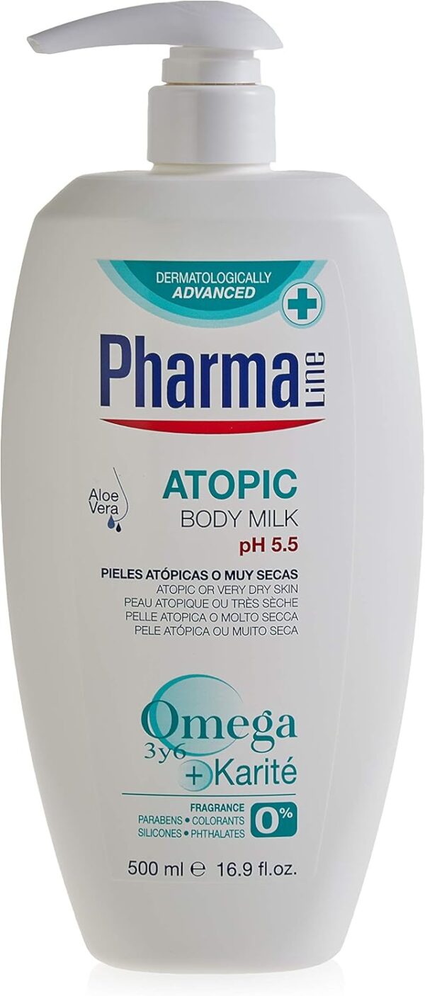 PHARMALINE Body Milk Atopic 500ml | Crema hidratante corporal para pieles atópicas o muy secas. Sin siliconas, parabenos ni sulfatos.