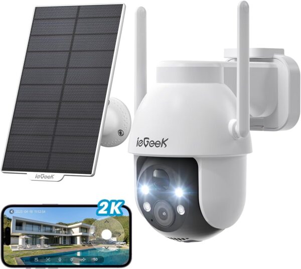 ieGeek 3MP Camara Vigilancia WiFi Exterior Solar con Bateria Sin Cables, Camara Vigilancia Exterior Solar Visión Nocturna Color, PTZ 360° App Remoto, Humana Detección, IP65, Voz Bidireccional
