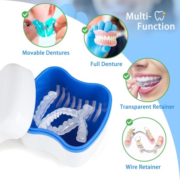 SUPAWAY 2 Estuche para dentadura Funda de dentadura Caja de dentaduras postizas con colador Caja para ortodoncia Caja de dentadura para almacena con 2 Cepillo de limpieza de dentadura Azul+Verde - Image 5