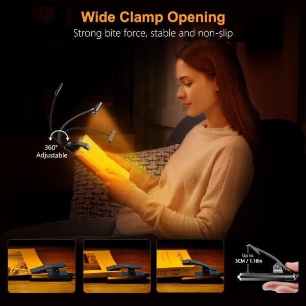 Gritin 19 LED Luz de Lectura, Lámpara de Lectura USB Recargable de 360° Flexible con 3 Modos de Iluminación - Protección Ocular & Atenuación Continua & Larga Duración Luz de libro para leer en la cama - Image 7