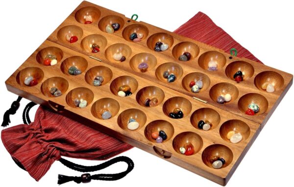 LOGOPLAY 85 Hus - Bao - Kalaha - Juego de alubias - Juego de Conchas - Juego de Piedras Preciosas Hecho de Madera de Samena Que Incluye Piedras Preciosas y Bolsa de Tela