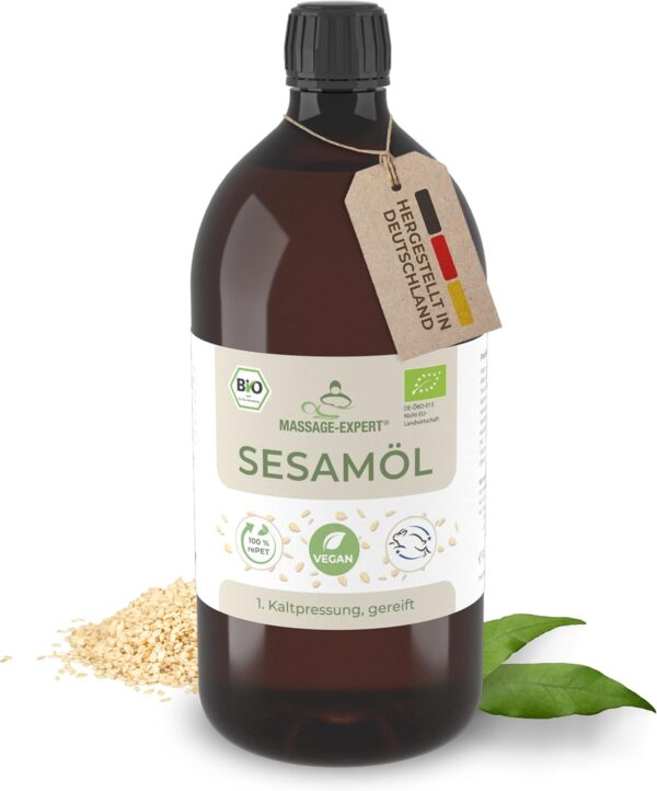 MASSAGE-EXPERT Aceite de sésamo orgánico prensado en frío – Aceite base madura para masajes, ayurveda, cuidado de la piel y cuidado del cabello [1 litro con cierre de salpicaduras]