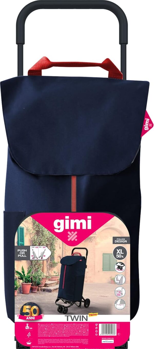 Gimi Twin Urban Azul Carro de la Compra, Fácil de Empujar y Llevar, 50 Litros de Capacidad de Carga, 39 x 52 x 95 cm, Azul, Grande - Image 2
