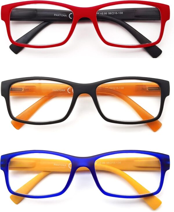 PANTONA Pack 3 Gafas de Lectura Modernas para Hombres y Mujeres, Gafas Presbicia Vista Cansada Montura Rectangular. Color: Negro Rojo Azul.