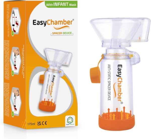 EasyChamber Dispositivo espaciador antiestático con máscara infantil, cámara de inhalador, uso con inhalador de dosis medida, sin BPA y látex