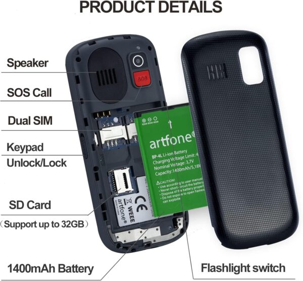 artfone Teléfono Móvil para Personas Mayores, CS182 Senior Móviles de Teclas Grandes y Volumen Alto, Botón SOS, Base Cargadora, Batería de 1400 mAh, Cámara, Negro - Image 6