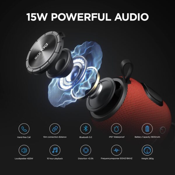 SANAG Altavoz Bluetooth Pequeño, Altavoz Inalámbrico Portátil, 15W, Inalámbrico IPX67, 18 Horas de Reproducción, con Mosquetón, Pequeño Inalámbrica Emparejamiento para Fiesta Viajes Exterior, Rojo - Image 3