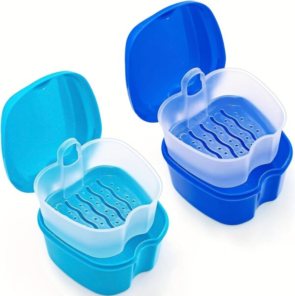 Kit de limpieza para prótesis, prótesis, caja de vaso, recipiente para prótesis de baño con colador colgante prótesis para almacenamiento de viaje (azul oscuro+azul)