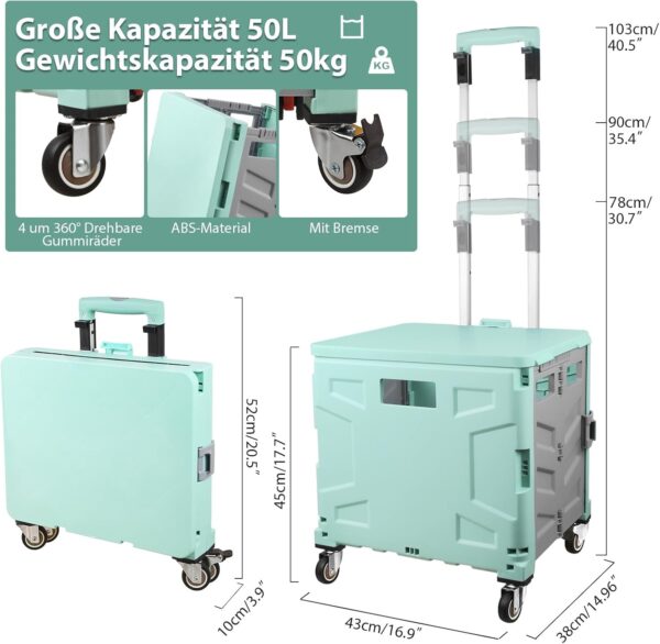 Carro de la compra plegable, carrito de transporte, hasta 50 kg, caja de 50 l, cesta de la compra con tapa, mango extensible de aluminio, 4 ruedas de goma giratorias 360°, 100x41x35 cm, verde y gris - Image 5