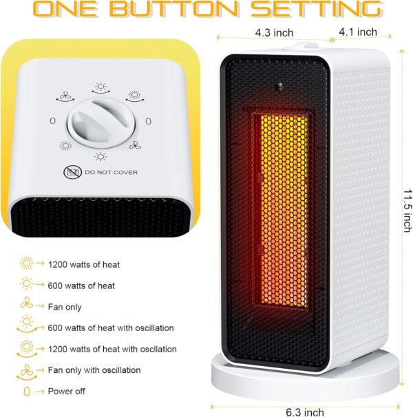Qoosea Calefactor Bajo Consumo 1200W Calefactor Eléctrico Calefactor Bajo Consumo Baño de Aire 3 Configuraciones Calor Modo Protección Contra Sobrecalentamiento para Casa Oficina (Blanco) - Image 3