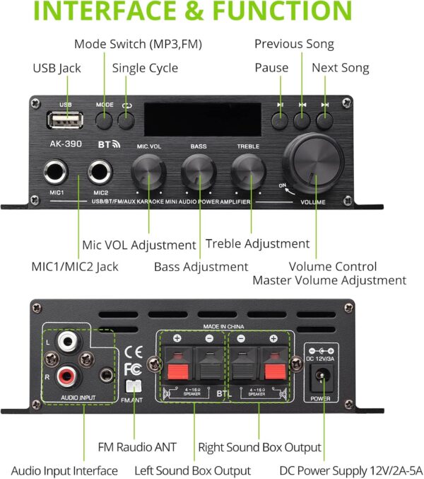LiNKFOR Mini Amplificador de Audio AK-390 Amplificador Bluetooth Receptor Bluetooth 5.0 Altavoz Amplificador con 12V 5A Fuente de Alimentación, Controles de Graves y Agudos para Altavoces Domésticos - Image 2