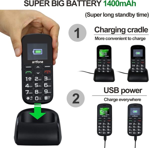 artfone Teléfono Móvil para Personas Mayores, CS182 Senior Móviles de Teclas Grandes y Volumen Alto, Botón SOS, Base Cargadora, Batería de 1400 mAh, Cámara, Negro - Image 4