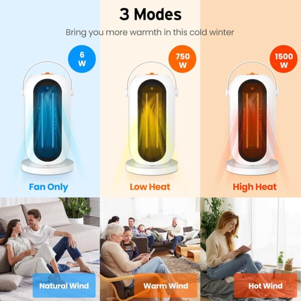 Calefacción eléctrica PTC, calentador de ventilador eléctrico, 1500 W, calefacción adicional, 90 °, oscilación, 3 modos, portátil de ahorro de energía, para sala de estar, dormitorio y oficina - Image 3
