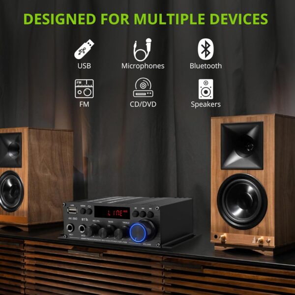 LiNKFOR Mini Amplificador de Audio AK-390 Amplificador Bluetooth Receptor Bluetooth 5.0 Altavoz Amplificador con 12V 5A Fuente de Alimentación, Controles de Graves y Agudos para Altavoces Domésticos - Image 4