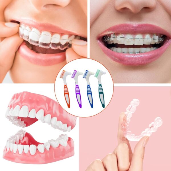 Giantree 4 cepillos para dentaduras postizas, cepillos de dientes con doble cara portátil de cerdas suaves multicapa y mango antideslizante de goma para el cuidado de prótesis dentales - Image 7
