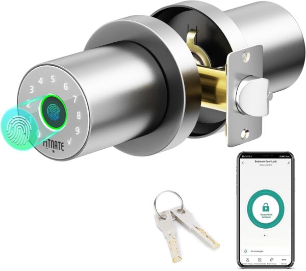FITNATE 4 en 1 Smart Fingerprint Door Lock - Desbloqueo por huella dactilar, desbloqueo por contraseña, control por aplicación, llave de emergencia, apto para oficina, hogar y hotel, plateado