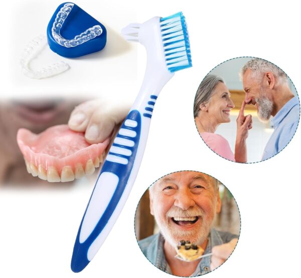 WLLHYF Juego de 2 cepillos de dientes para dentaduras postizas de doble cara, juego de limpiador de dentaduras postizas de alta calidad, cerdas multicapa, mango de goma (azul/naranja) - Image 6
