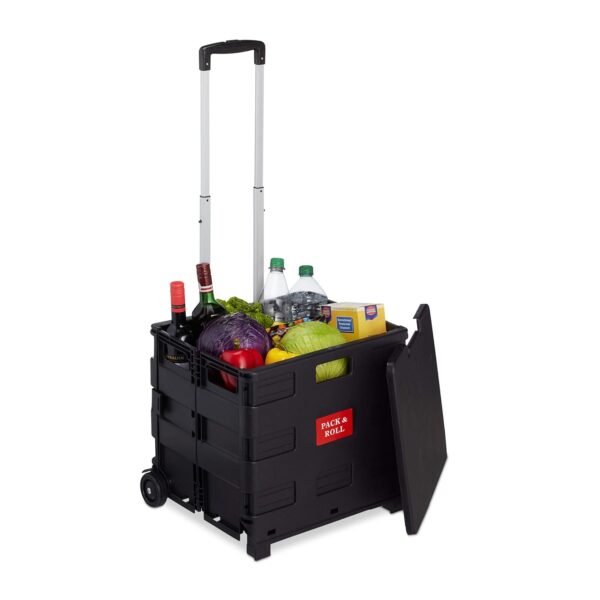 Relaxdays Carro de la Compra Plegable, Carrito de Transporte con Asa Telescópica y Tapa, hasta 35 kg, 99x45x38 cm, Negro