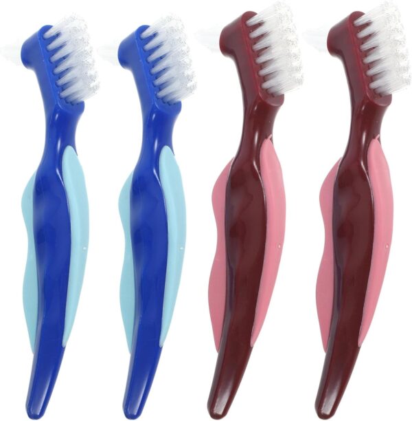 Beavorty 4 cepillos de dientes de doble cabeza para dentaduras postizas, cepillo de limpieza de dentaduras postizas, cepillos de dientes para limpieza de retenedores, soportes transparentes y