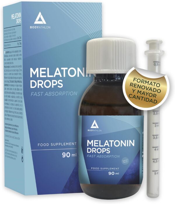 Bodyathlon– 1.9mg Melatonina gotas 90ml– Rápida conciliación del sueño – Melatonina liquida- Efecto rápido y duradero- Sueño profundo y reparador– Duerme bien- Fácil dosificación– Sabor limón– Vegano