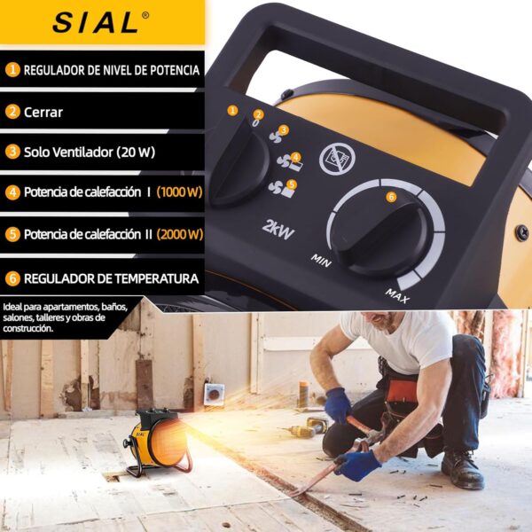 SIAL Calefactor Cerámica 2000 W - Radiador Electrico - Bajo Consumo - Calefacción Industrial - Calor Rápido 3 Segundos - Apto Para Oficinas, Baños, Talleres(Amarillo) - Image 5