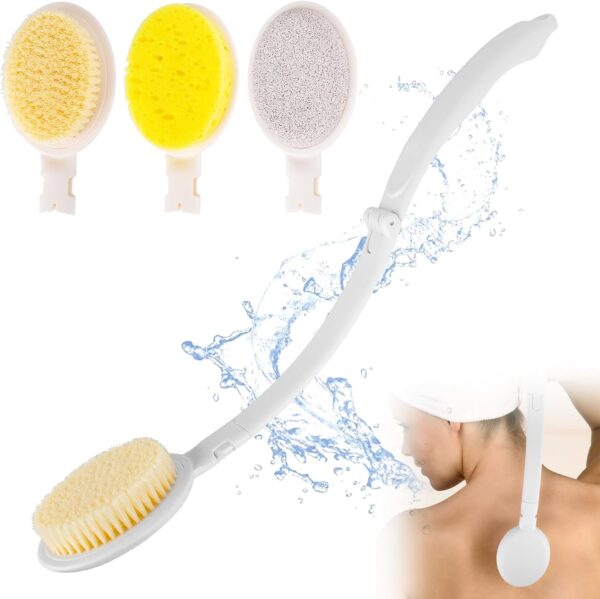 Cepillo de espalda con mango largo, 3 en 1 cepillo de baño trasero para ducharse, cepillo de espalda extraíble para hombres y mujeres, cepillo de ducha para personas mayores con movimiento limitado