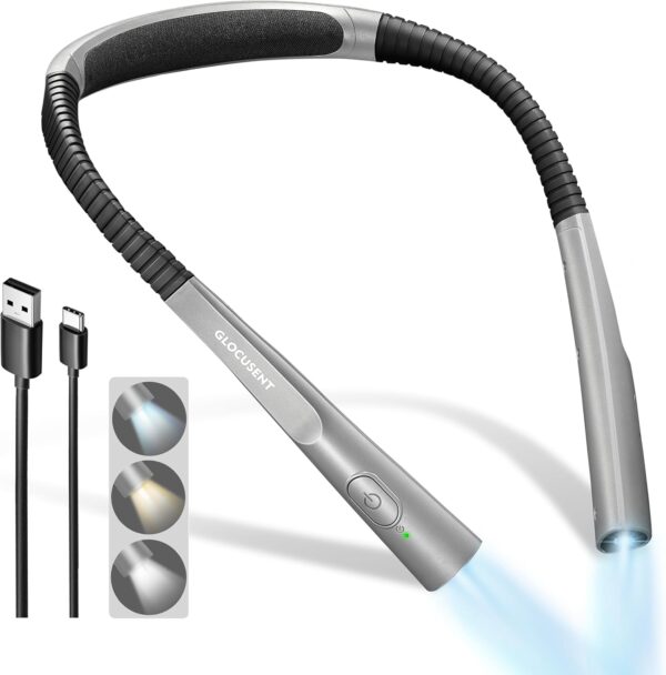 Glocusent LED Luz de Lectura Cuello, Luz para Leer Libros en la Cama,Temporizador de 30 min., 3 Colores & 3 Brillos Ajustables, Recargable & Larga Duraci贸n,Perfecta para Leer,Tejer, Hacer Reparaciones