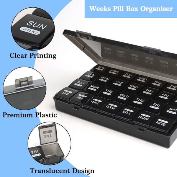 Pastillero Mensual Grande de 4 Semanas, Pastillero Diario 1 Toma, Organizador de Pastillas Semanales de 28 Días, Organizador de Medicamentos Semanal para Vitaminas, Aceites, Suplementos Negro - Image 4