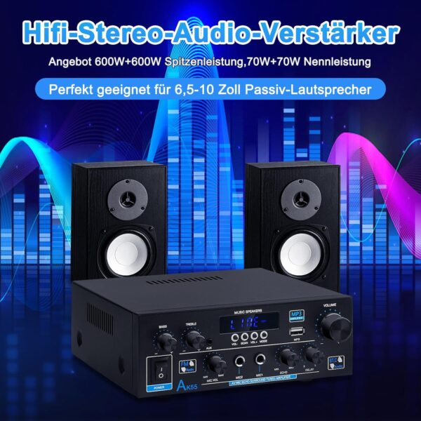 Amplificador HiFi, AK55 Bluetooth 5.0 Receptor Amplificador Audio Estéreo 2-Canales 70W×2 MAX.600W Amplificador de Potencia Digital Home Cinema Amplificador de Sonido 12V 220V para Casa o Coche - Image 2