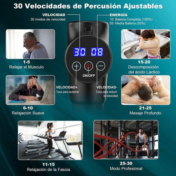 Pistola de Masaje Muscular, Eléctrica Masajeador de Músculos de Tejido Profundo con 30 Velocidades, 6 Cabezales de Masaje, Pantalla LCD Táctil, Pistola de Masaje (Negro) - Image 6