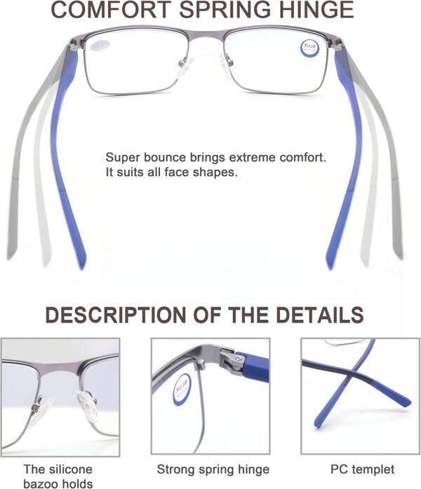 MODFANS Un Pack de 3 Gafas de Lectura Hombres Mujeres Anti Luz Azul,Rectangular Metal Acero Inoxidable - Lente Clara,Vision Clara - Ligeras Comodas,Colores Marron Azul Rojo - Image 5