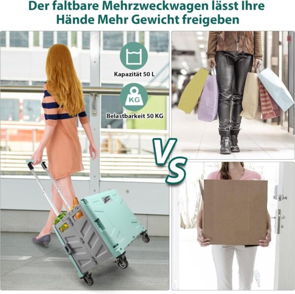 Carro de la compra plegable, carrito de transporte, hasta 50 kg, caja de 50 l, cesta de la compra con tapa, mango extensible de aluminio, 4 ruedas de goma giratorias 360°, 100x41x35 cm, verde y gris - Image 8