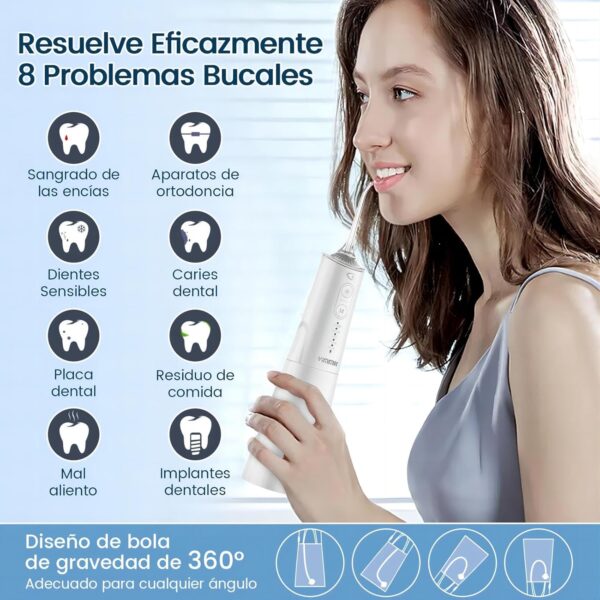 Irrigador Bucal Portatil, Vimmk Irrigador Dental Inalámbrico Profesional 8 Boquillas 5 Modos, IPX7 Impermeable 300ML USB-C Recargable Para Limpieza Dientes, Para el Hogar y los Viajes (Blanco) - Image 5