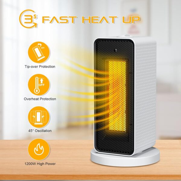 Qoosea Calefactor Bajo Consumo 1200W Calefactor Eléctrico Calefactor Bajo Consumo Baño de Aire 3 Configuraciones Calor Modo Protección Contra Sobrecalentamiento para Casa Oficina (Blanco) - Image 2