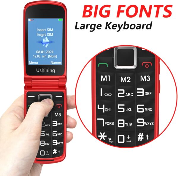uleway Teléfono Móvil con Tapa para Mayores, Senior Móvil de Teclas Grandes, Pantalla de 2,4 Pulgadas, Botón SOS, Linterna, Cámara, Cuna de Carga, Fácil de Usar para Ancianos (Rojo) - Image 5