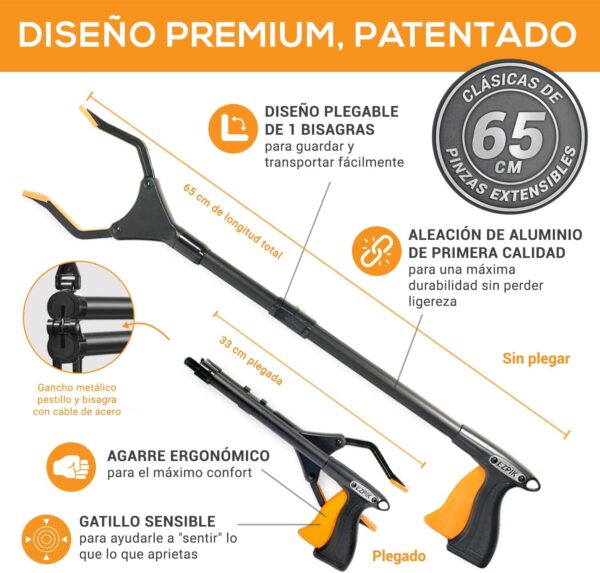 EZPIK® Pinzas Recoge Objetos Pequeñas 66 cm - Pinzas Extensibles para Personas Mayores - Palo Recogedor Pinza para Minusválidos y Ancianos - Pinza Recoger Basura [Color Negro, Pack 1] - Image 4