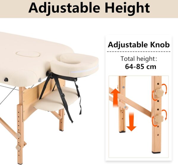 YOUNIKE Camilla de Masaje Plegable de 2 Zonas, Mesa de Masaje Altura Ajustale, Camilla de Terapia Profesional Cama de Tatuaje de Madera Portátil, con Funda de Transporte, 70 cm de Ancho, Crema - Image 5