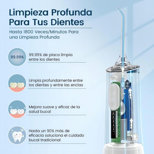 Irrigador Bucal Portatil, Vimmk Irrigador Dental Inalámbrico Profesional 8 Boquillas 5 Modos, IPX7 Impermeable 300ML USB-C Recargable Para Limpieza Dientes, Para el Hogar y los Viajes (Blanco) - Image 2
