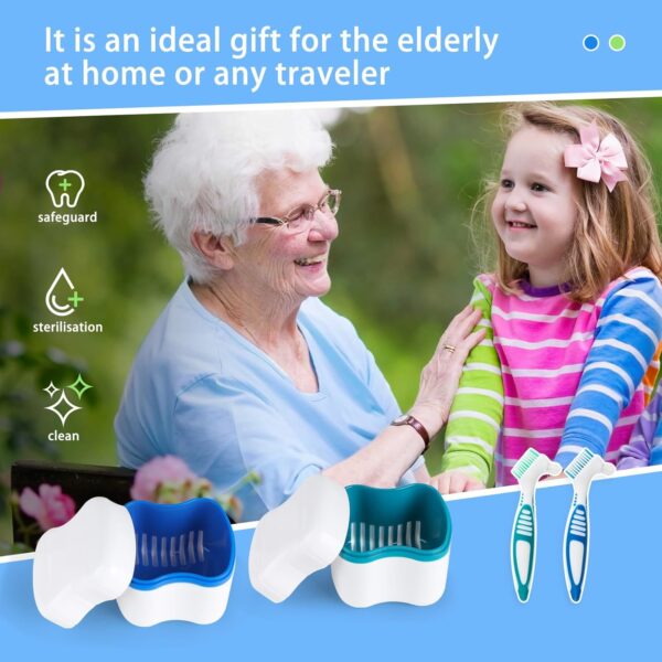 SUPAWAY 2 Estuche para dentadura Funda de dentadura Caja de dentaduras postizas con colador Caja para ortodoncia Caja de dentadura para almacena con 2 Cepillo de limpieza de dentadura Azul+Verde - Image 6